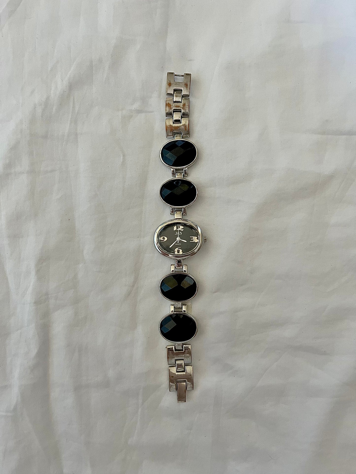 Silver Watch with Large Black Oval Links