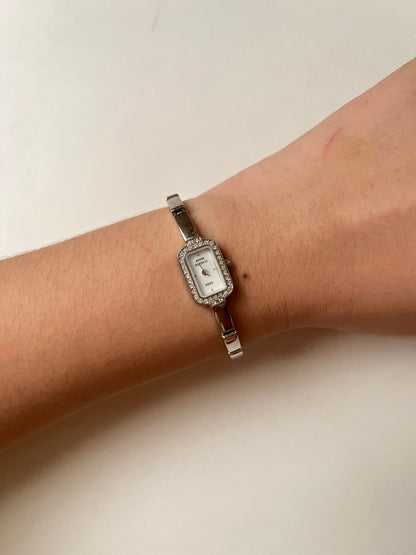 Lovely Dainty Silver Tone Anne Klein Watch with Crystal-Accented Rectangular Bezel