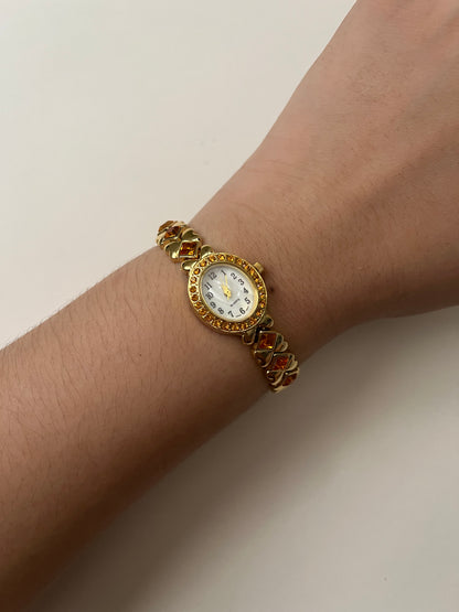 Beautiful Gold Tone Watch with Orange Stones Accents and Pin Accessories