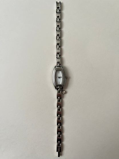 Dainty Silver Tone Watch with Tiny Charm and Rectangular Dial
