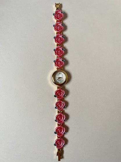 Pretty Gold Tone Watch with Round Dial and Pink Rose Links