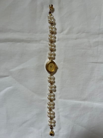 Elegant Gold Tone Watch with Real Pearls Band