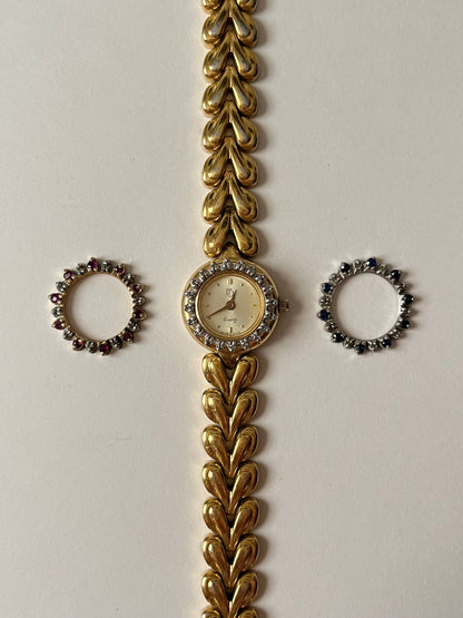 Beautiful Vintage Gold Tone Swiss Paul Breguette Watch with Interchangeable Rubies and Sapphires Inset Bezels