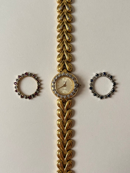 Beautiful Vintage Gold Tone Swiss Paul Breguette Watch with Interchangeable Rubies and Sapphires Inset Bezels