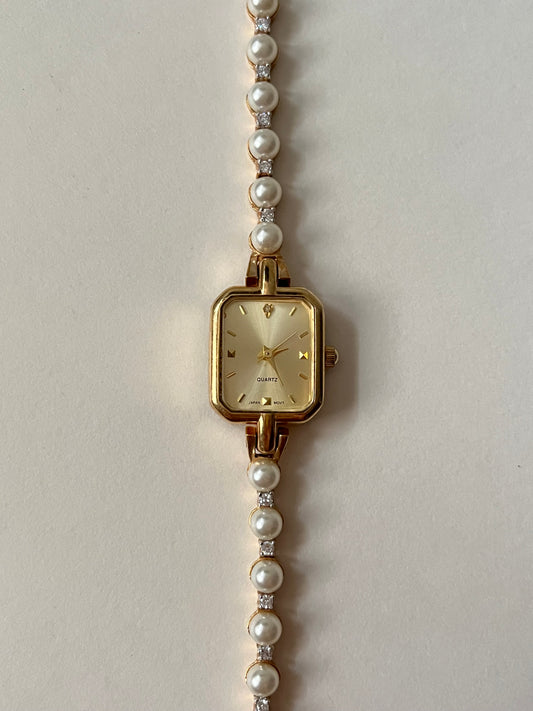 Stunning Gold Tone Watch with Rectangular Dial and Faux Pearls Accent