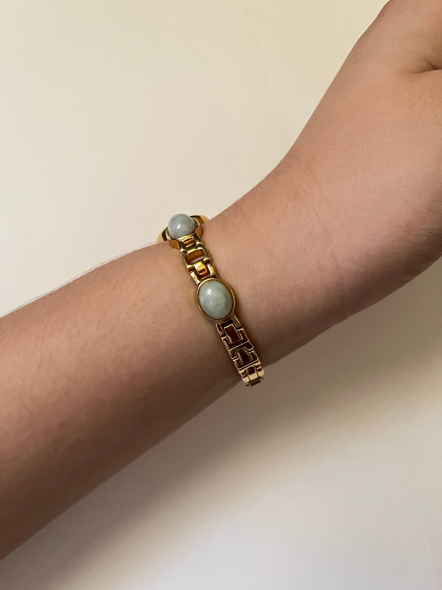 Very Rare Gold Tone Watch with Oval Dial and Jade Stones Inlaid Band