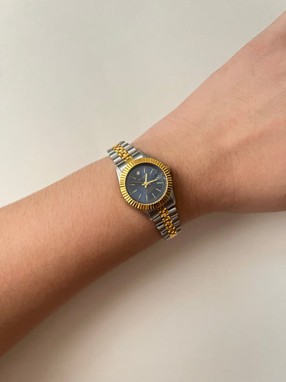 Two Toned Watch with Navy Blue Round Dial and Interchangeable Bezels