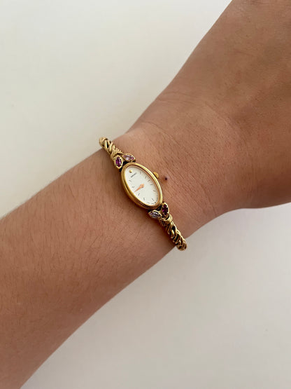 Rare Gold Tone Seiko Watch with Pink Stones and Rubies