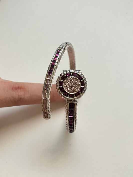 Very Unique Silver Tone Peekaboo Open Cuff Watch with Purple Stones Accent