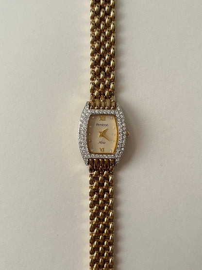 Stunning Gold Tone Watch with Rectangular Dial and Rhinestones Accent