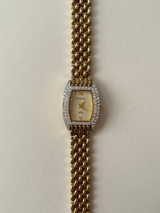 Stunning Gold Tone Watch with Rectangular Dial and Rhinestones Accent