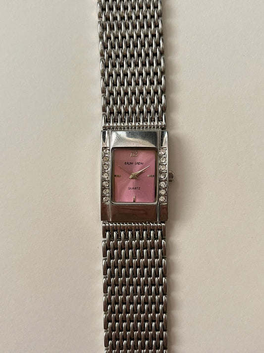 Silver Tone Statement Tank Style Watch with Pink Dial