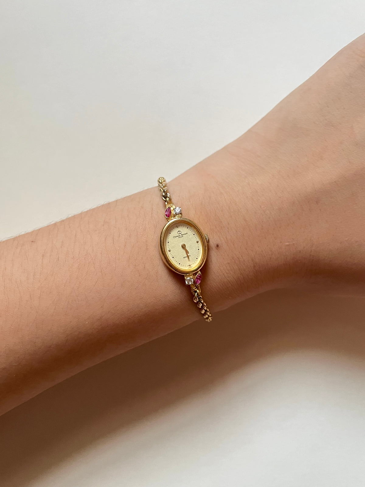 Super Dainty Rare Gold Tone Cocktail Dress Watch with Rubies and White Stones Accent