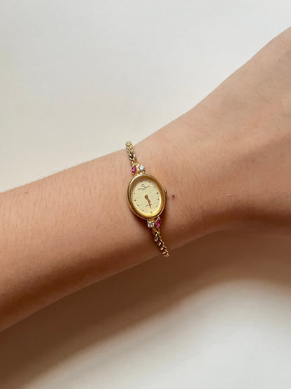 Super Dainty Rare Gold Tone Cocktail Dress Watch with Rubies and White Stones Accent