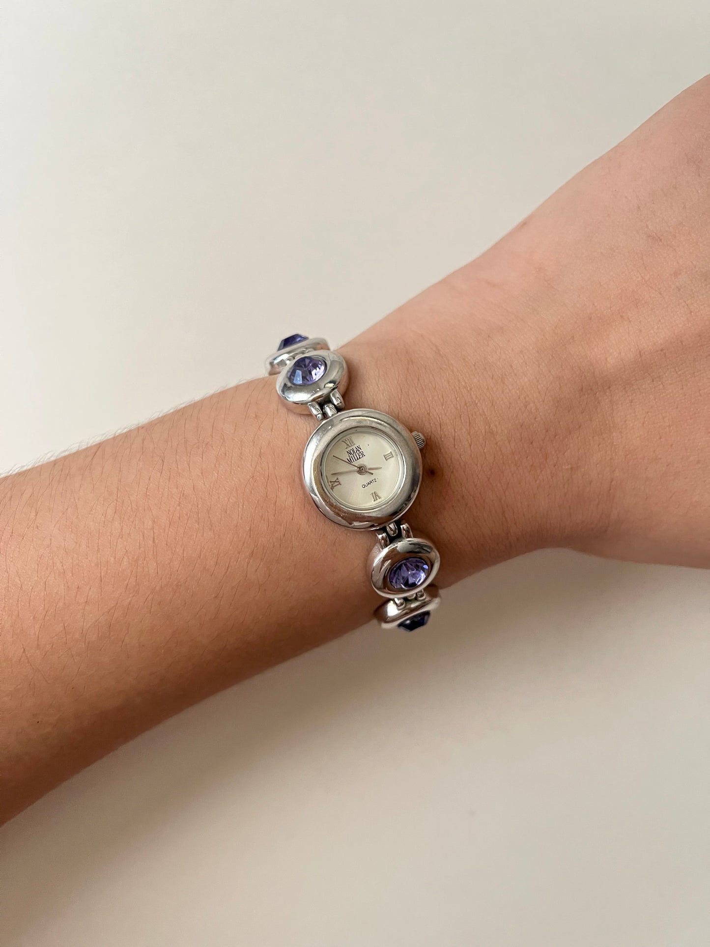 Adorable Silver Tone Watch with Purple Stones Accent