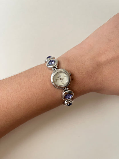 Adorable Silver Tone Watch with Purple Stones Accent