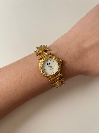 Adorable Gold Tone Watch with Pink and Purple Beaded Band