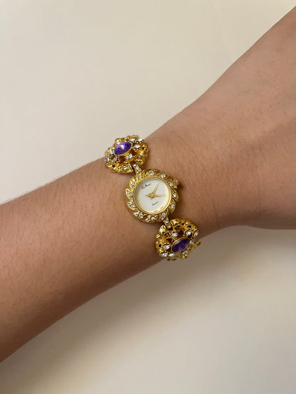 Extremely Rare and Breathtaking Gold Tone Watch with Ornate Band Design and Purple and Pink Stones Accent