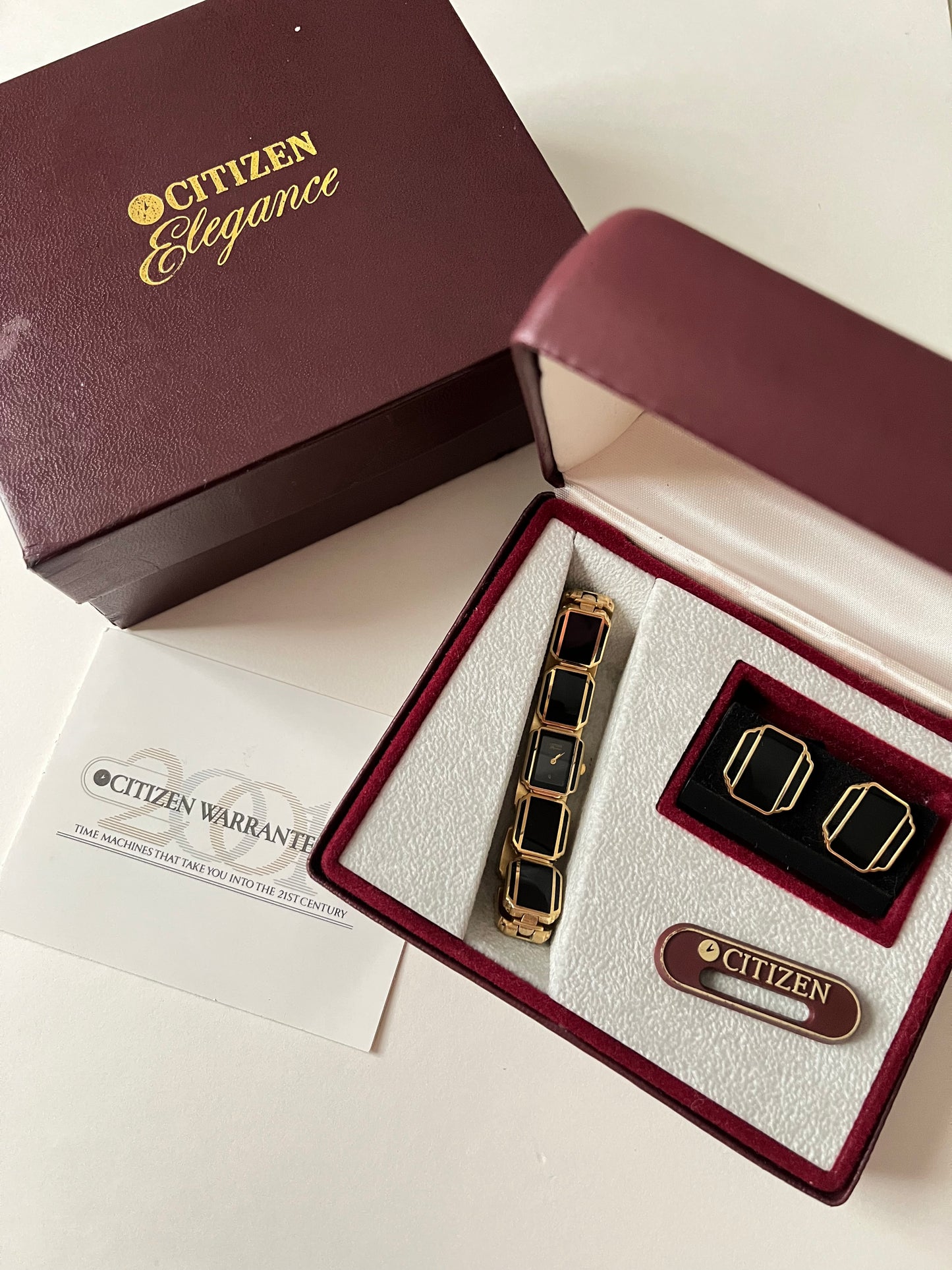 Extremely Rare Vintage 90s Chic Gold Tone Citizen Watch and Earrings Set with Black Enamel Design