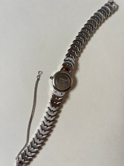 Gorgeous Vintage Silver Tone Rado Watch with Gold and White Stones Accent