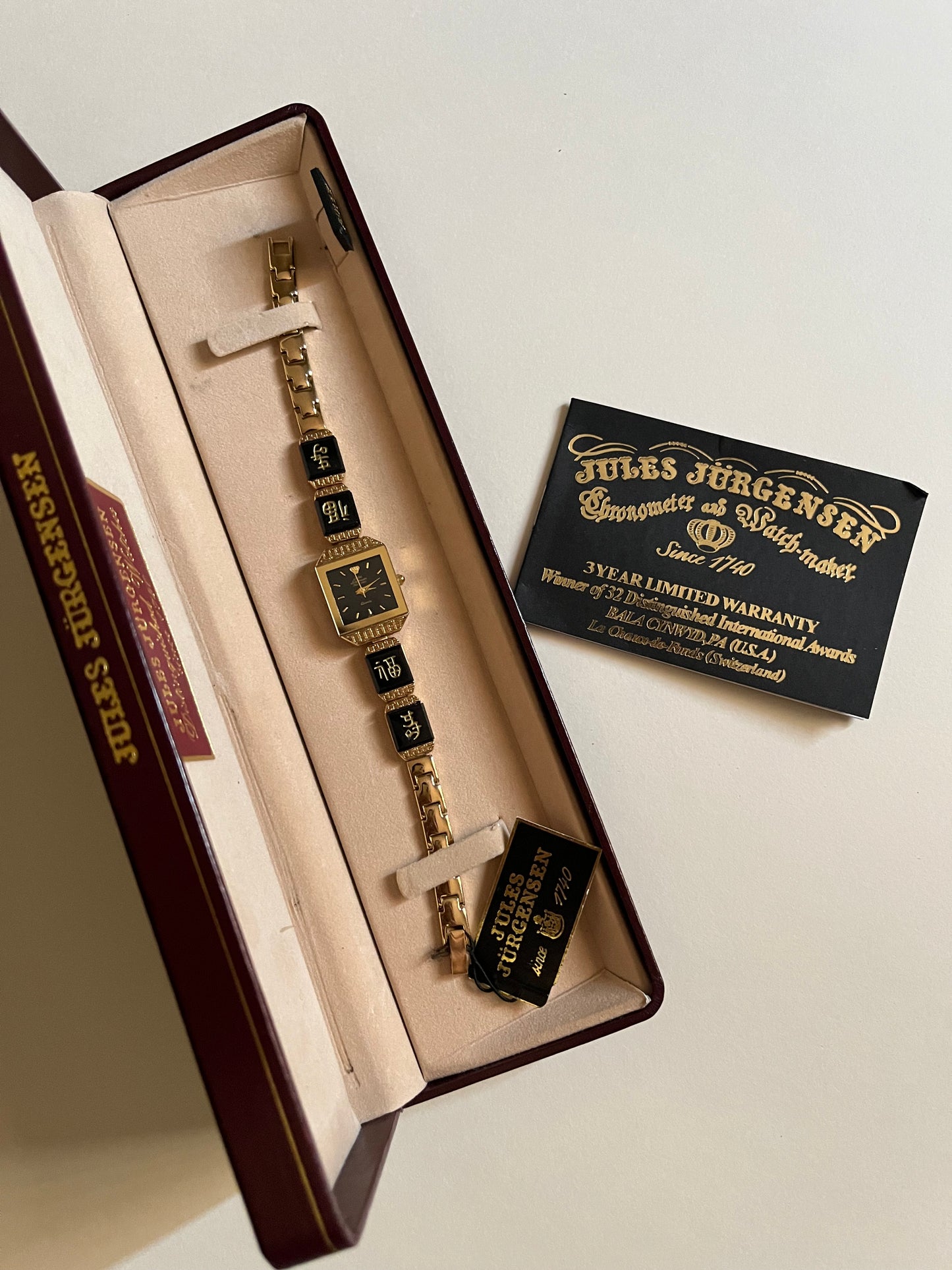 Amazing Gold Tone Jules Jurgensen Watch with Black Jade Stones Inlaid Band