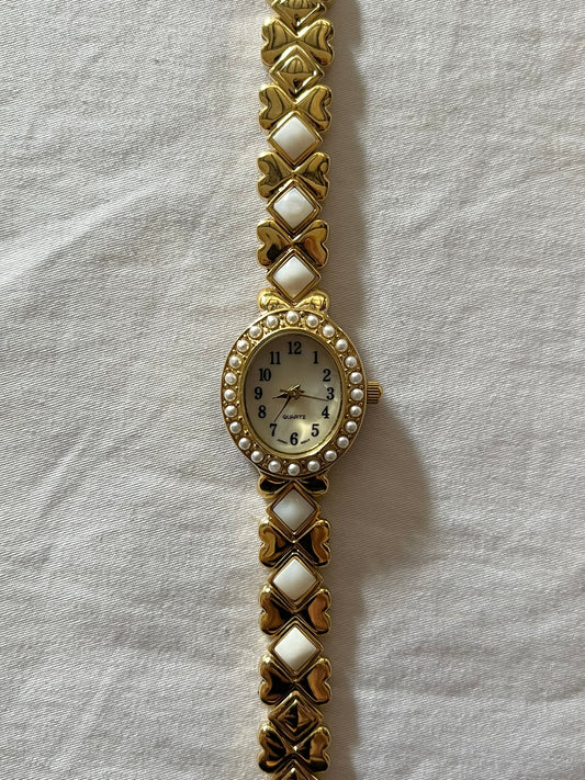 Beautiful Gold Tone Watch with White Pearl Accents