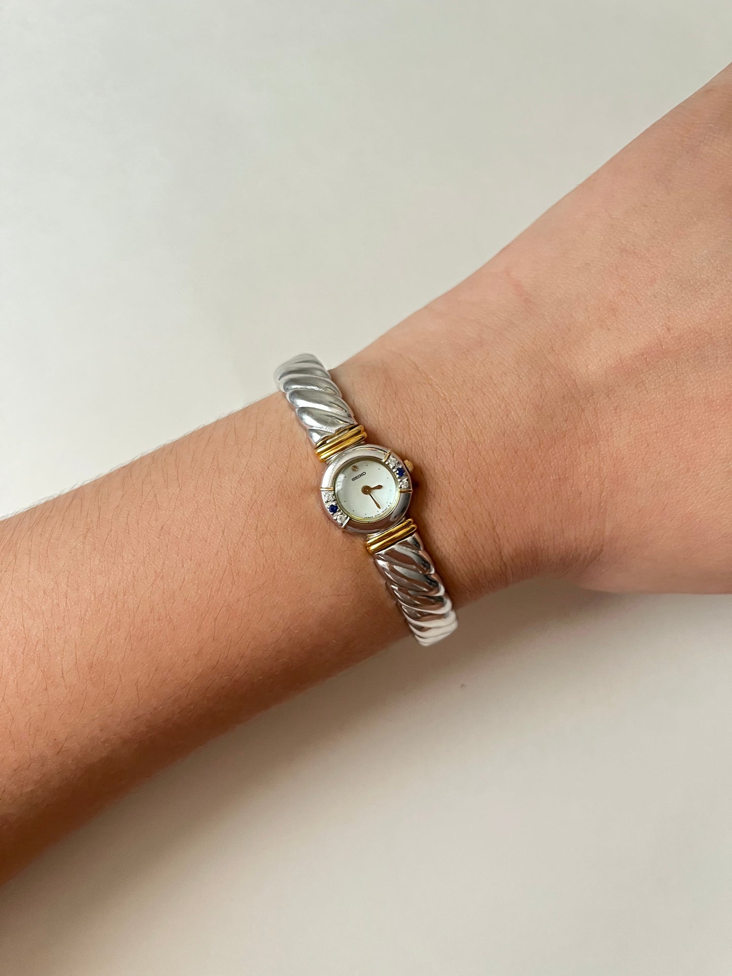 Absolutely Amazing Two Toned Seiko Cuff Watch with Real Sapphires and Diamonds Accent