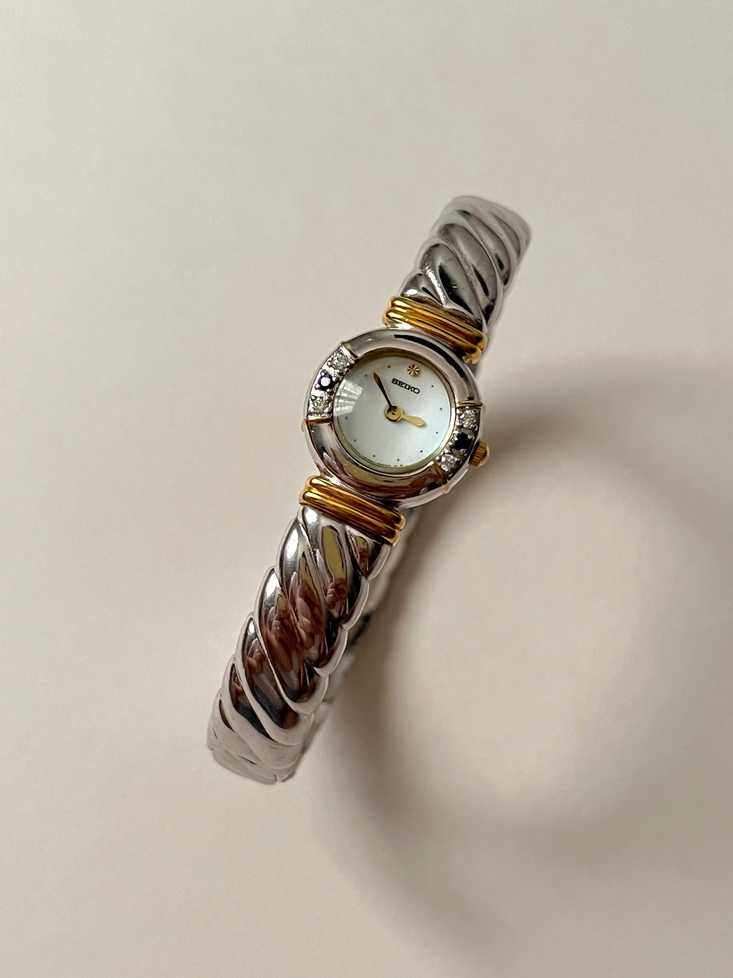 Absolutely Amazing Two Toned Seiko Cuff Watch with Real Sapphires and Diamonds Accent