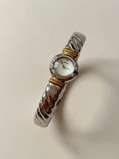 Absolutely Amazing Two Toned Seiko Cuff Watch with Real Sapphires and Diamonds Accent