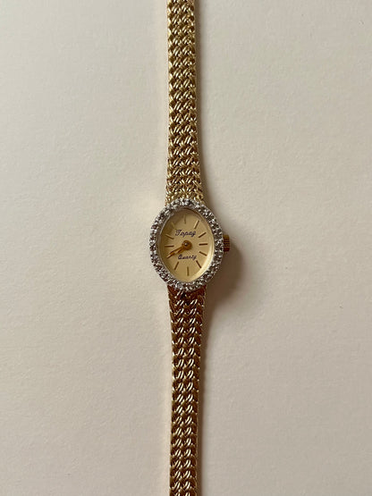 Beautiful Vintage Gold Tone Italy Made Watch with Oval Dial and Diamonds Accent