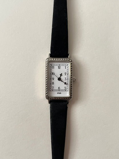 Silver Tone Art Deco Tank Style Leather Watch