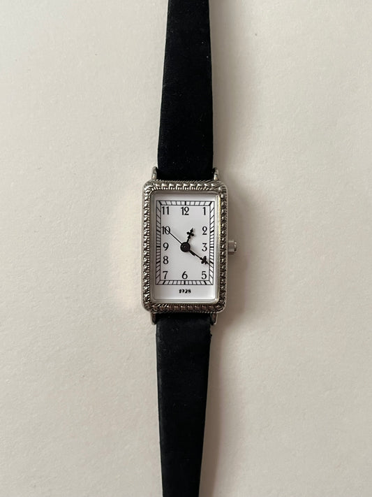 Silver Tone Art Deco Tank Style Leather Watch