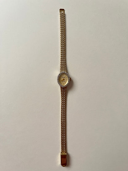 Beautiful Vintage Gold Tone Italy Made Watch with Oval Dial and Diamonds Accent