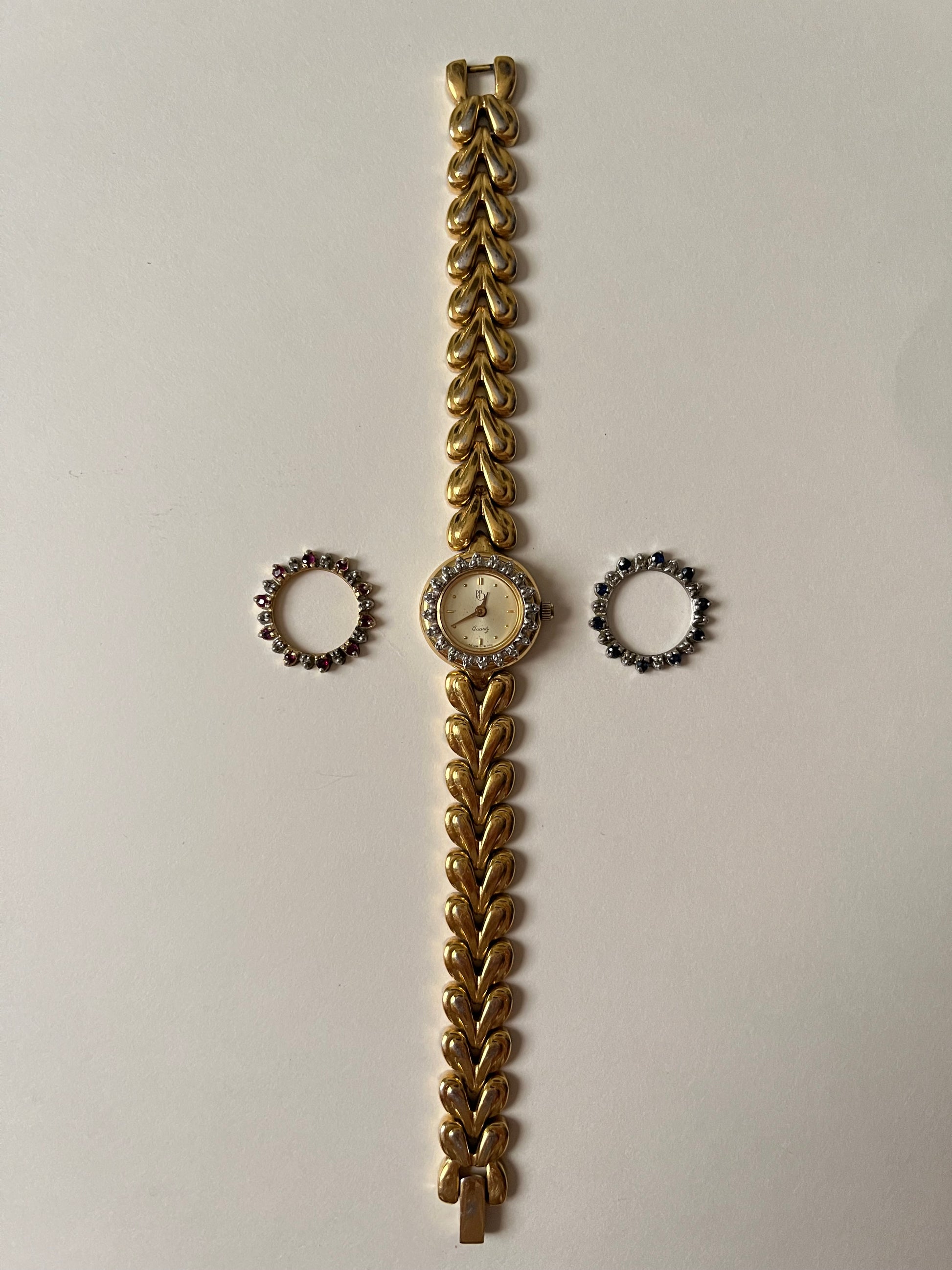 Beautiful Vintage Gold Tone Swiss Paul Breguette Watch with Interchangeable Rubies and Sapphires Inset Bezels