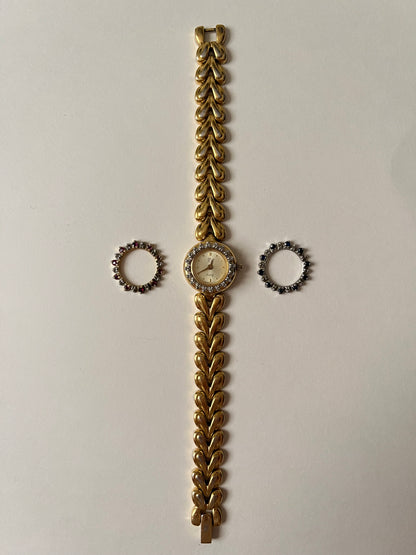 Beautiful Vintage Gold Tone Swiss Paul Breguette Watch with Interchangeable Rubies and Sapphires Inset Bezels