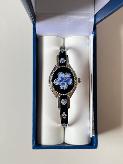 Beautiful Silver Tone Open Cuff Peekaboo Swiss Watch with Black Floral Enameled Bracelet