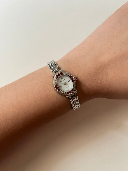 Beautiful Silver Tone Watch with Oval Dial and Gorgeous Red Gems Accent