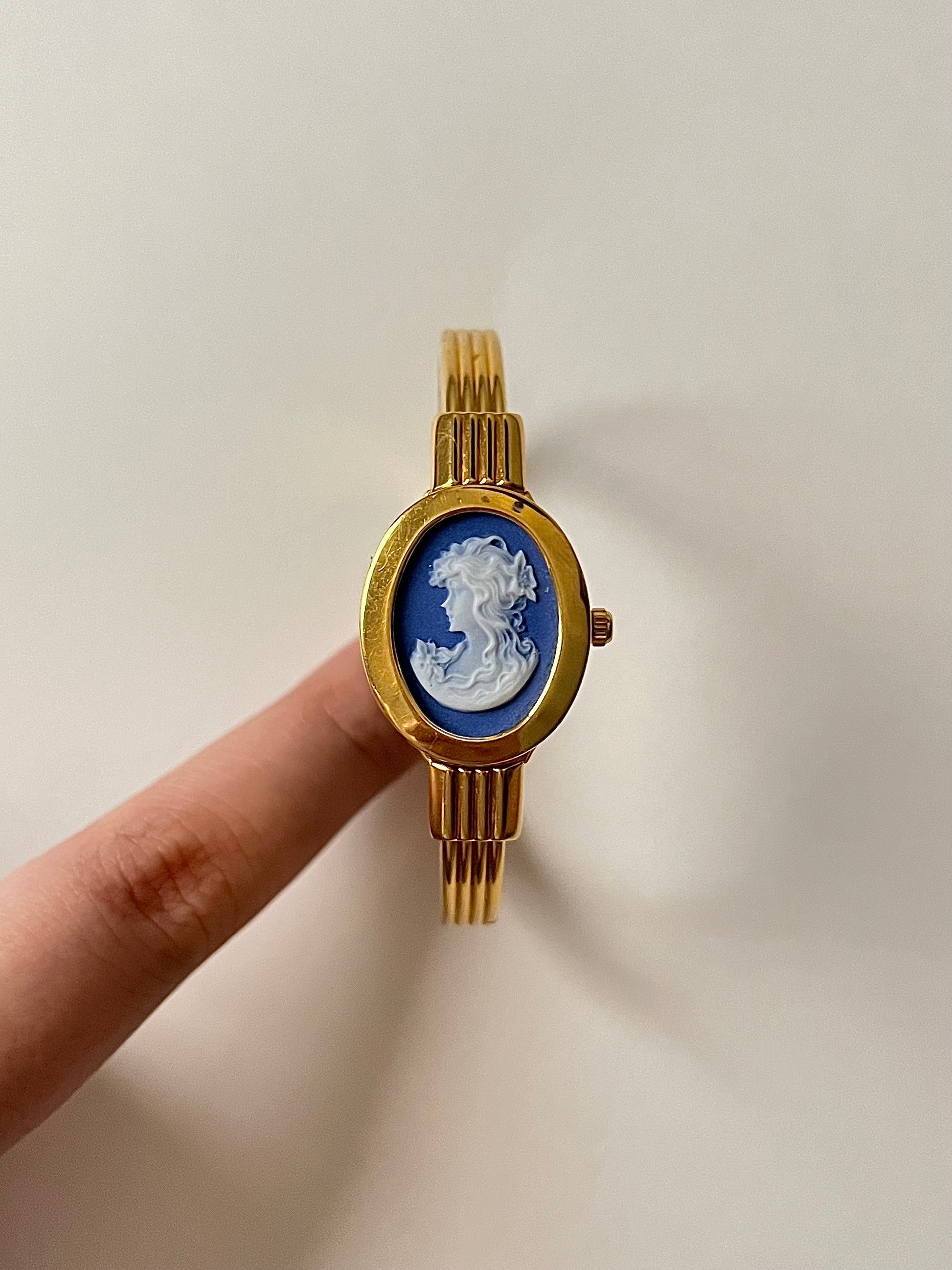 Beautiful Gold Tone Andre Mouche Open Cuff Cameo Peekaboo Swiss Watch