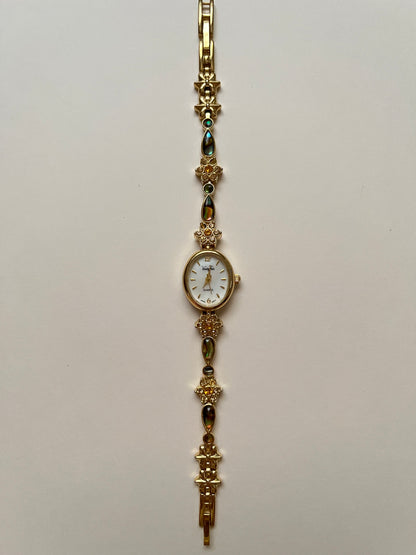 Beautiful and Dainty Gold Tone Watch with Abalone and Rhinestones Accents