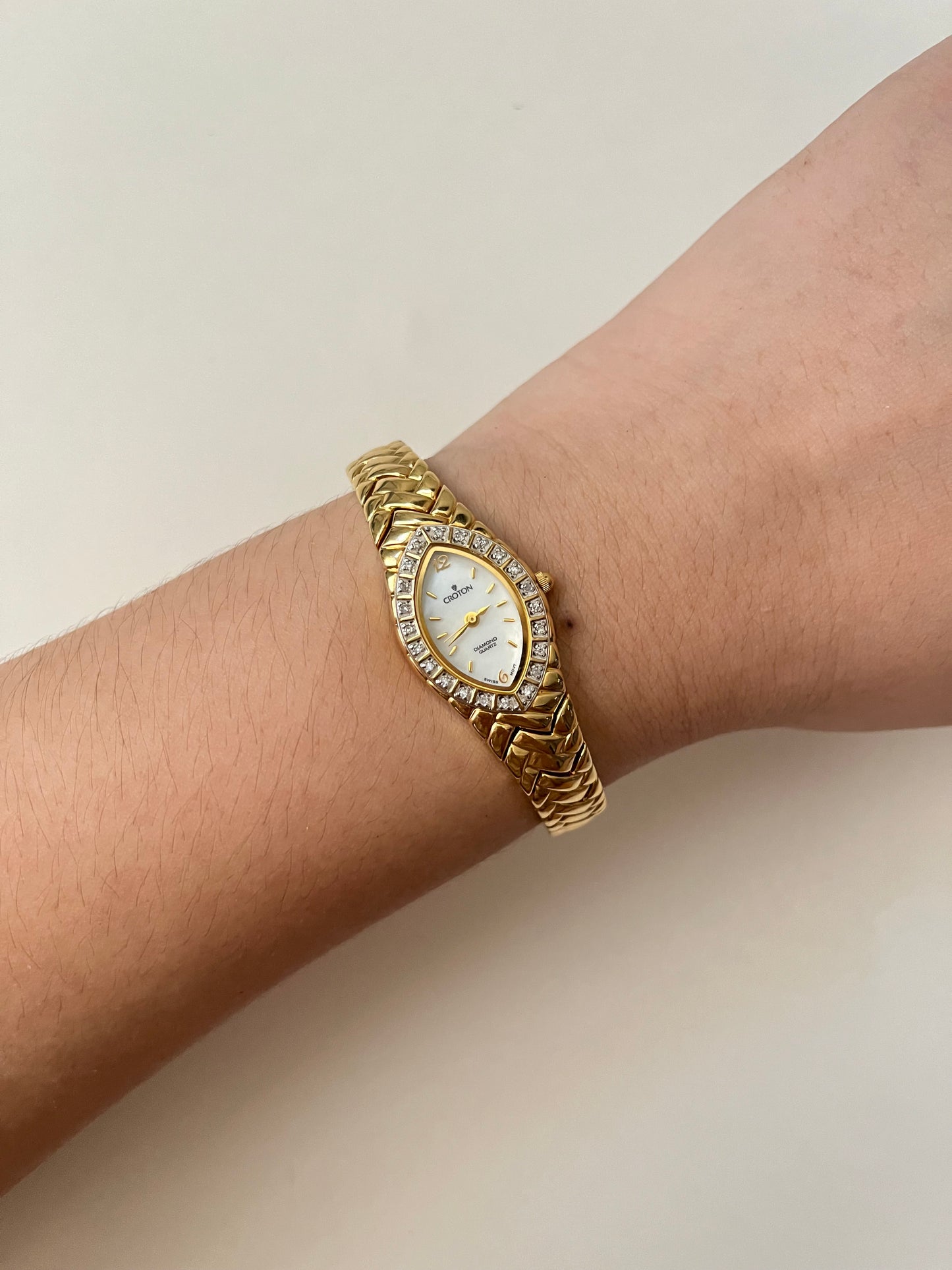 Gorgeous Rare Gold Tone Croton Swiss Watch with Real Diamonds Accent