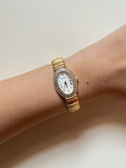 Stunning Gold Tone Watch with Bejeweled Oval Dial (A Cartier Baignoire Homage)