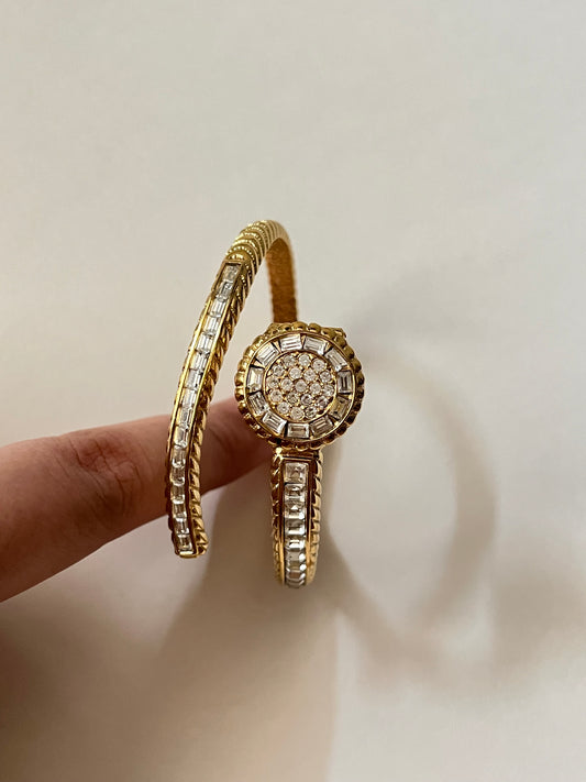 Very Unique 18K Gold Plated Peekaboo Open Cuff Watch with White Stones Accent