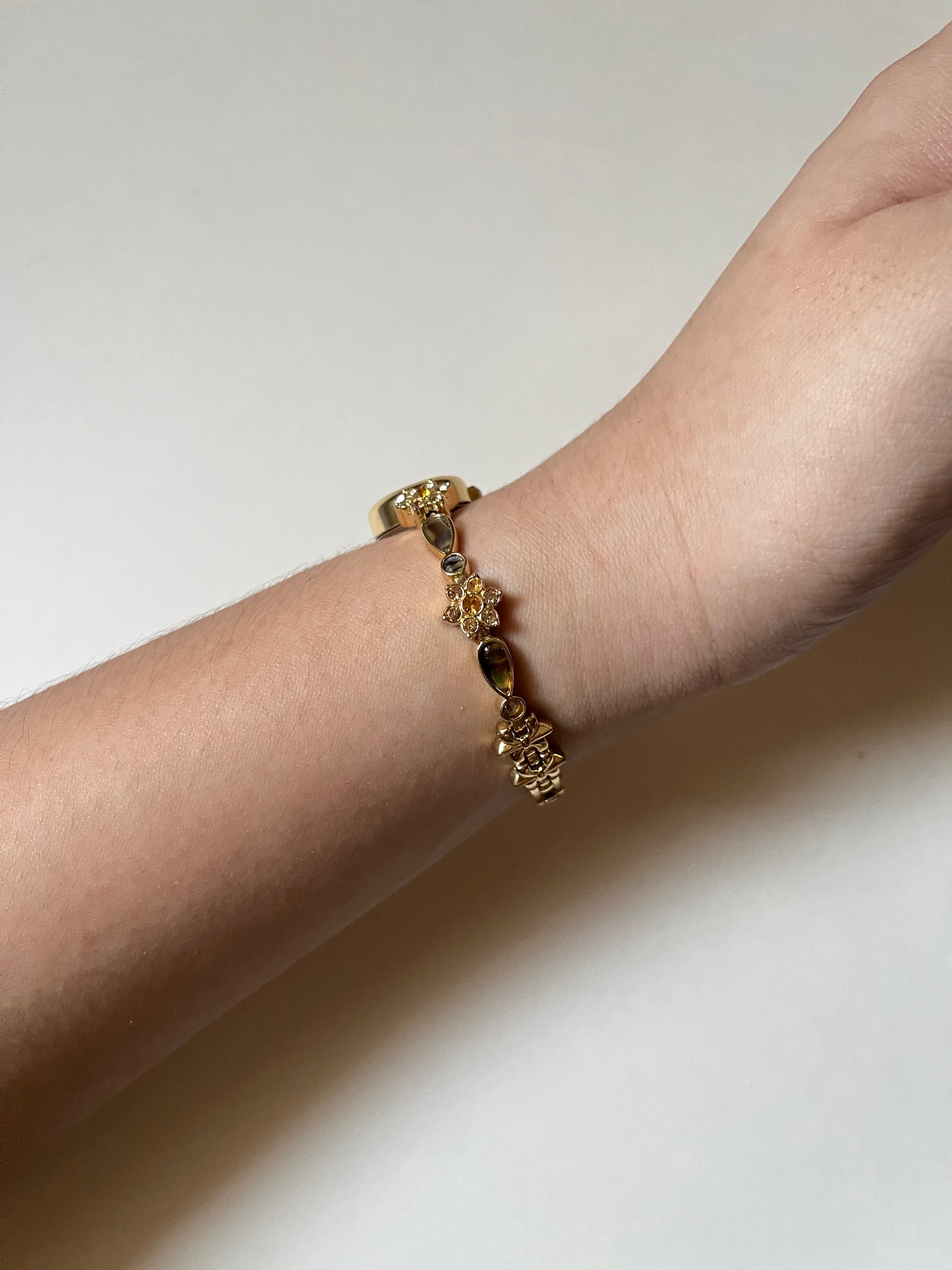 Beautiful and Dainty Gold Tone Watch with Abalone and Rhinestones Accents