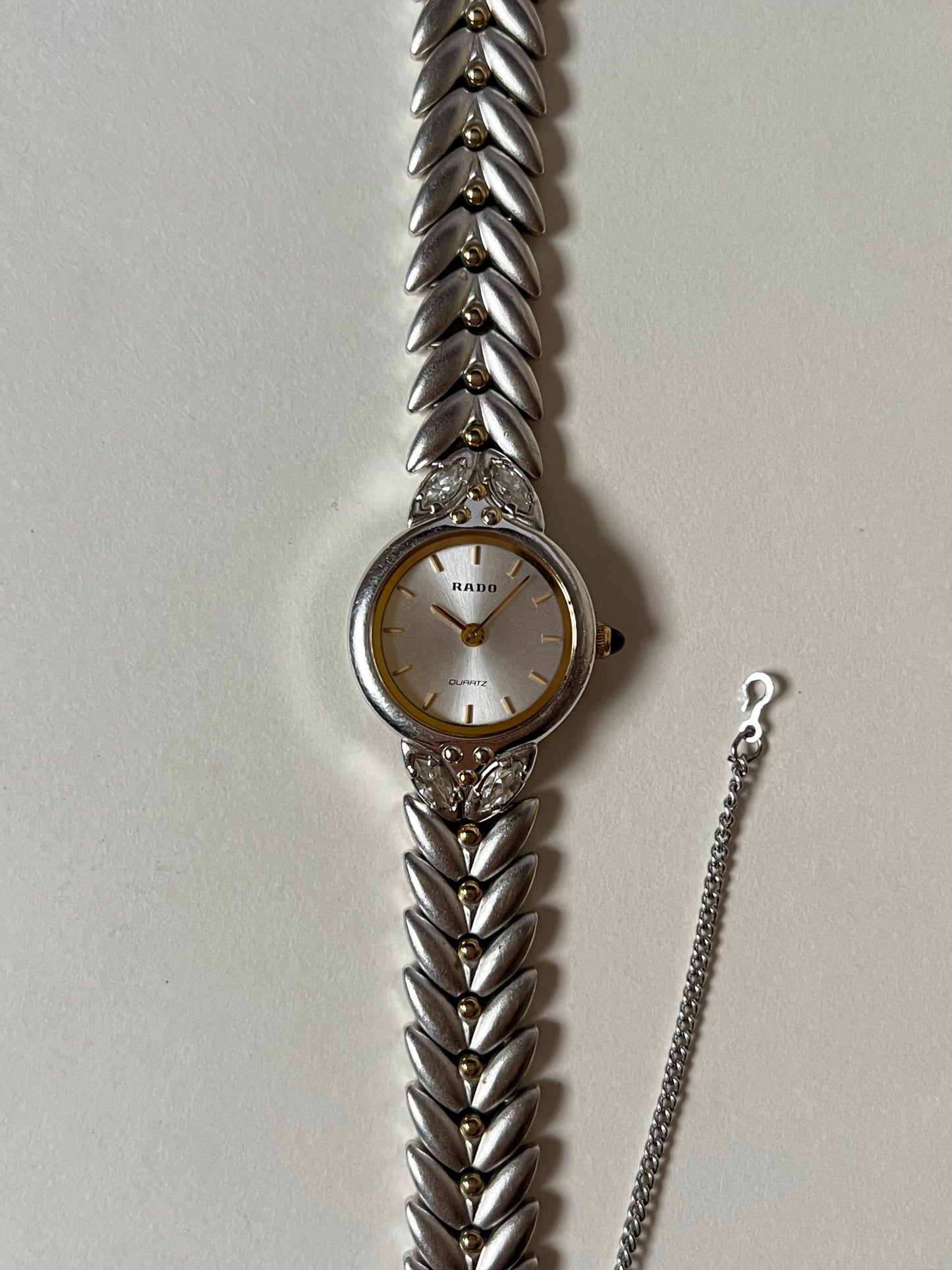 Gorgeous Vintage Silver Tone Rado Watch with Gold and White Stones Accent