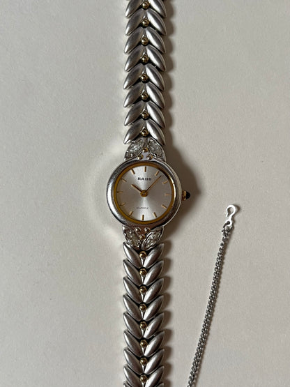 Gorgeous Vintage Silver Tone Rado Watch with Gold and White Stones Accent