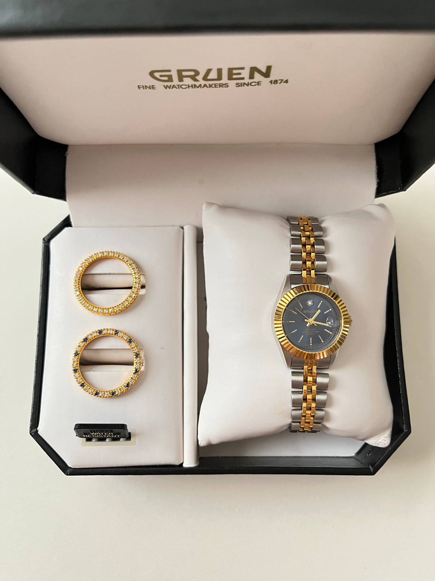 Two Toned Watch with Navy Blue Round Dial and Interchangeable Bezels