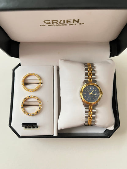 Two Toned Watch with Navy Blue Round Dial and Interchangeable Bezels