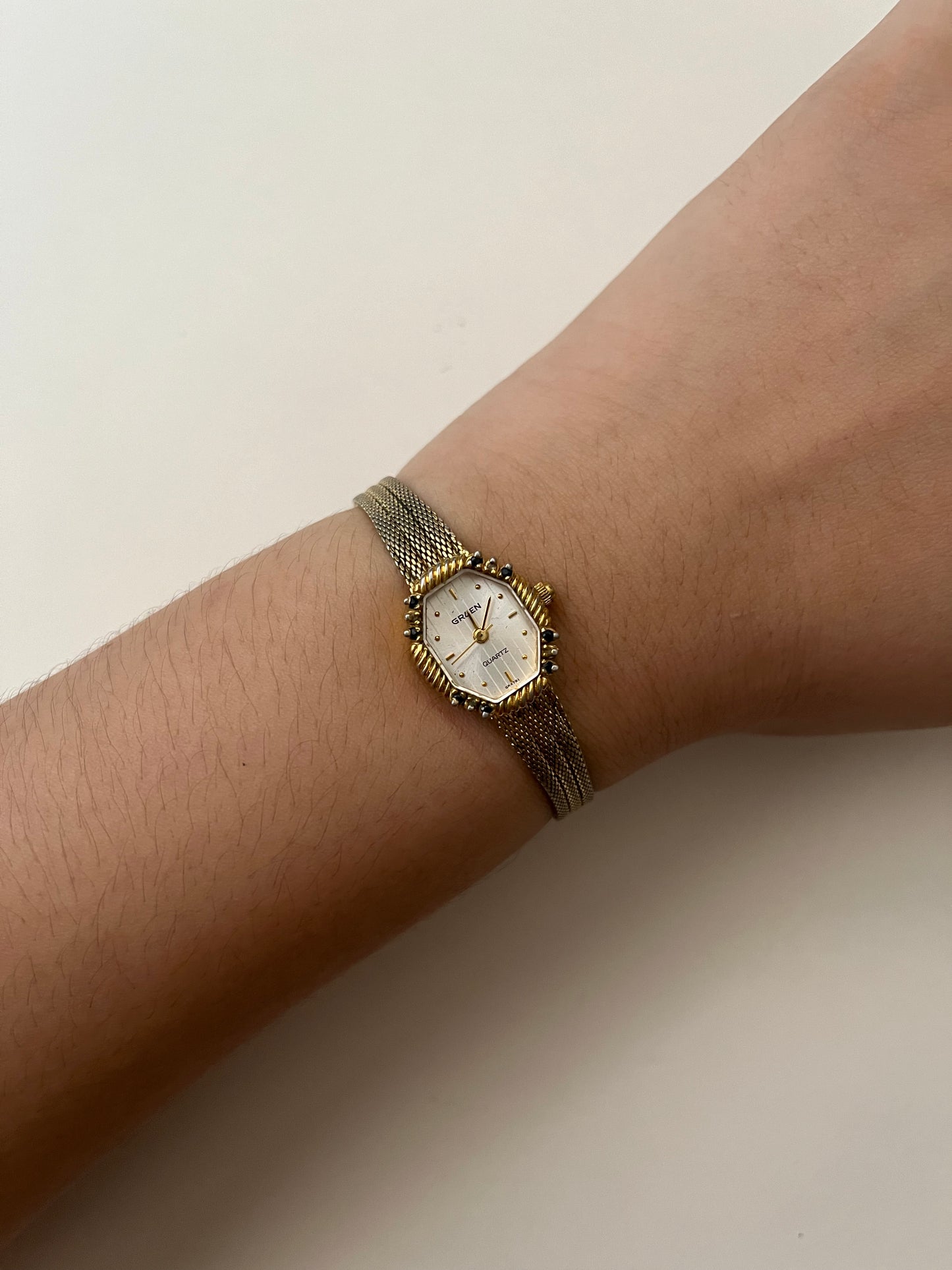 Gold Tone Watch with Octagonal Dial with Rhinestones and Sapphires