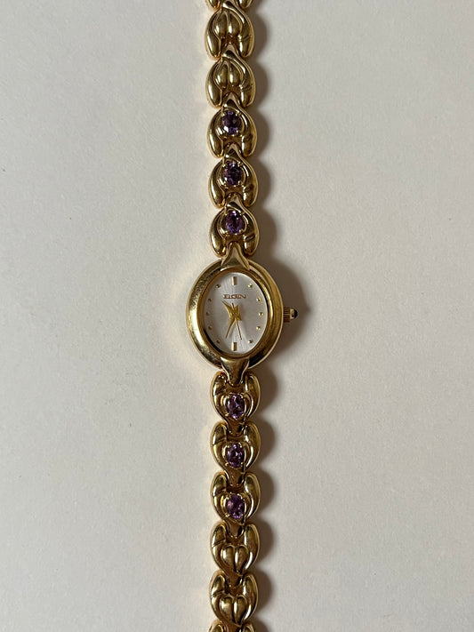 Beautiful Rare Gold Tone Watch with Amethyst Stones Accent