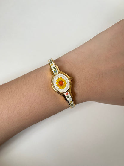Extremely Rare Gold Tone Andre Mouche x Noritake von Linnæi Collection Open Cuff Peekaboo Swiss Watch